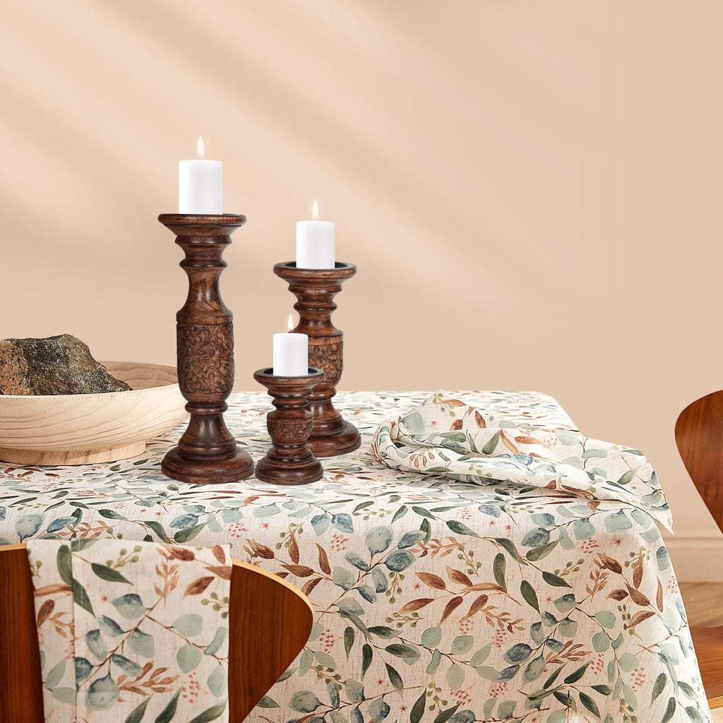 Wooden Town Hand-Carved Pillar Candle Holders – Set of 3 (Dark Burnt)