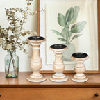 Wooden Town Turned Pillar Candle Holders – Set of 3 (White Wash)