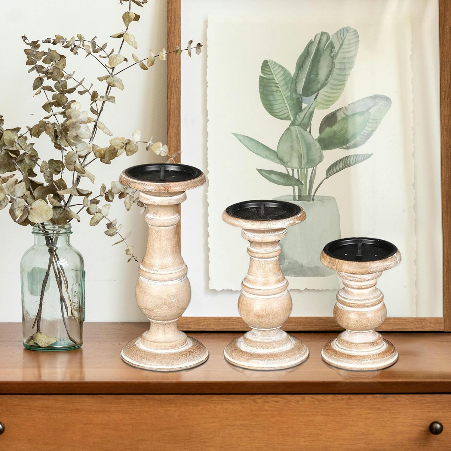 Wooden Town Turned Pillar Candle Holders – Set of 3 (White Wash)