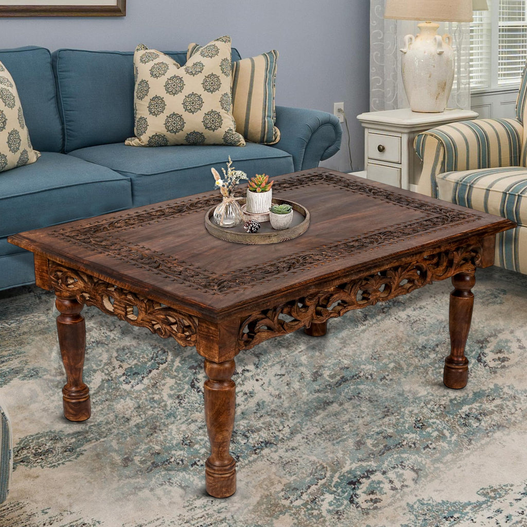 Rectangular Wooden Coffee Table – Cutwork Jali (36”×24”×18”)