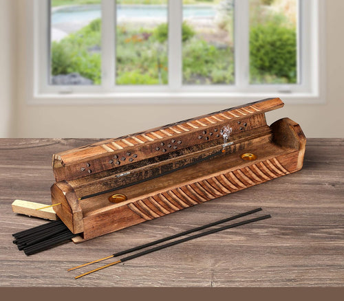 12” Hand-Carved Wooden Incense Holder – Coffin Design