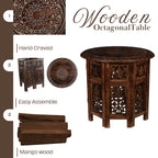 The Wooden Town Round Wood Coffee Table, Hand-Carved Accent Side Table with Burnt Finish, Solid Wood Altar & End Table for Living Room, 18 x 18 Inch