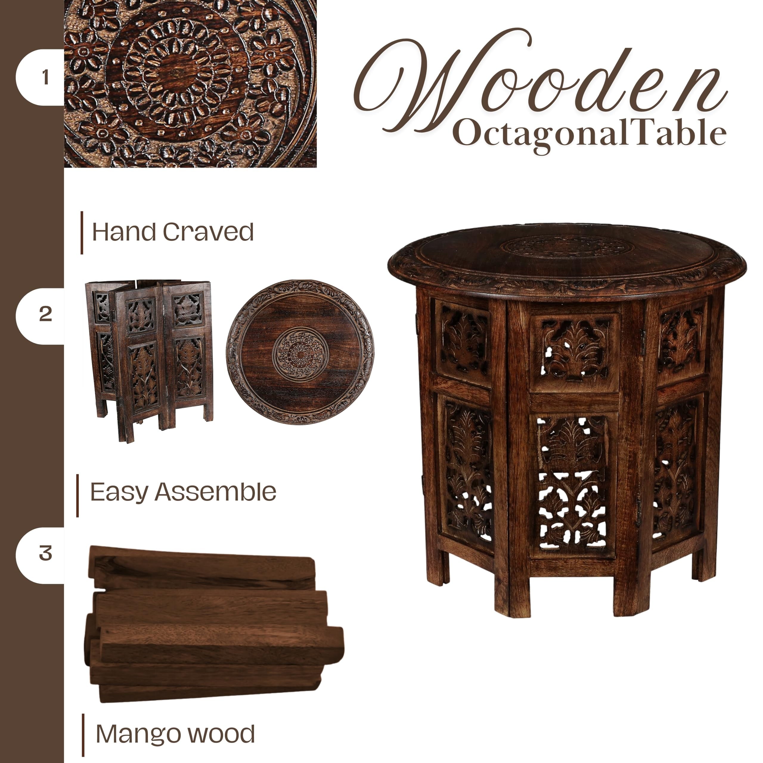 The Wooden Town Round Wood Coffee Table, Hand-Carved Accent Side Table with Burnt Finish, Solid Wood Altar & End Table for Living Room, 18 x 18 Inch