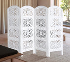 White Hand-Carved Wooden 4-Panel Folding Room Divider 64” x 48”