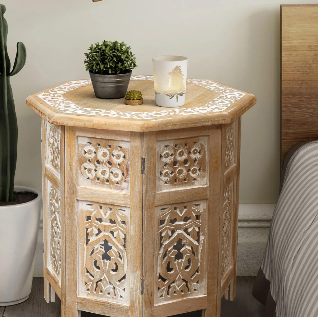 The Wooden Town Hand-Carved Vintage Boho Folding End Table, Octagon White Wash Side Table, 18 x 18 Inch