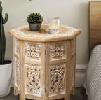 The Wooden Town Hand-Carved Vintage Boho Folding End Table, Octagon White Wash Side Table, 18 x 18 Inch