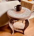 Hand-Carved Wooden Octagon Coffee Table, White Wash Foldable Farmhouse Accent Table, 24 x 24 x 18 Inch