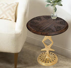 The Wooden Town Hand-Carved Boho Folding Side Table, Burnt Brown Top with Gold Aluminum Star Base, 18 x 22 Inch
