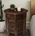The Wooden Town Hand-Carved Folding Side Table, Vintage Boho End Table for Small Spaces, Living Room & Bedroom Accent Table, Scorch Burnt Finish, 18 x 18 Inch