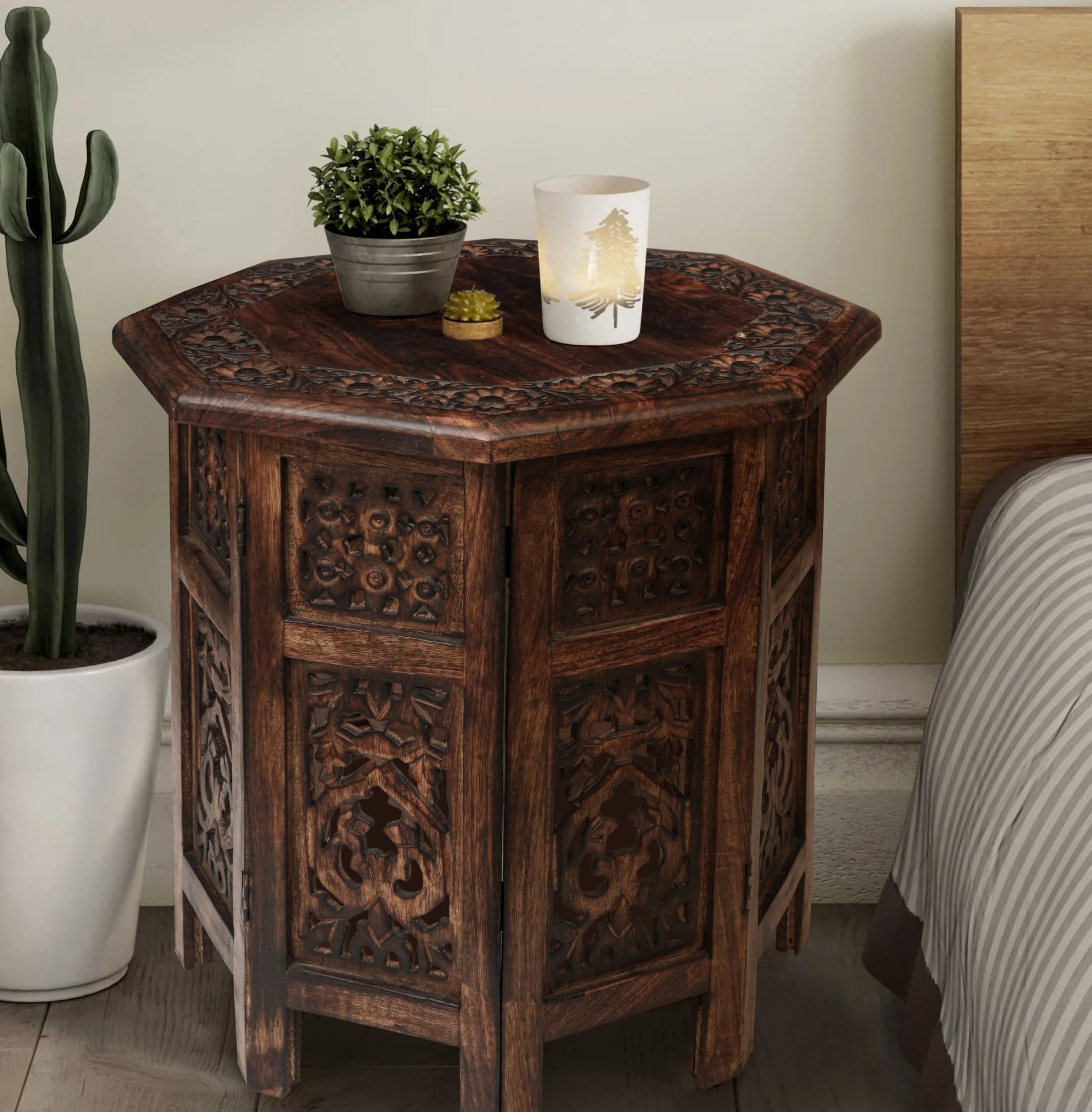 The Wooden Town Hand-Carved Folding Side Table, Vintage Boho End Table for Small Spaces, Living Room & Bedroom Accent Table, Scorch Burnt Finish, 18 x 18 Inch