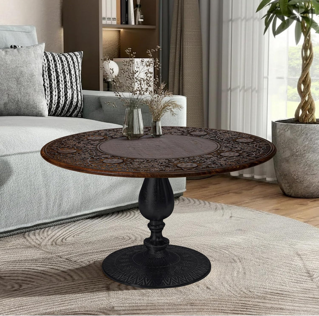 The Wooden Town Hand-Carved Solid Wood Coffee Table, Burnt Finish with Black Aluminum Pillar Base, 24 x 24 x 18 Inch