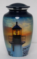 Lighthouse Midnight Ink Blue Metal Cremation Urn for Adult Ashes – 10” x 6”