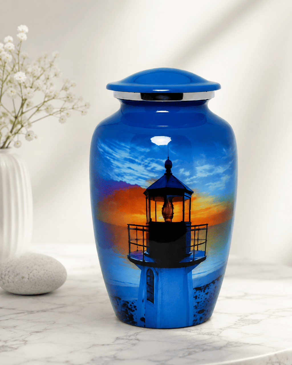 Lighthouse Sky Blue Multi Metal Cremation Urn for Adult Ashes – 10” x 6”