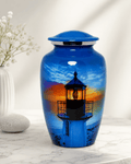 Lighthouse Sky Blue Multi Metal Cremation Urn for Adult Ashes – 10” x 6”