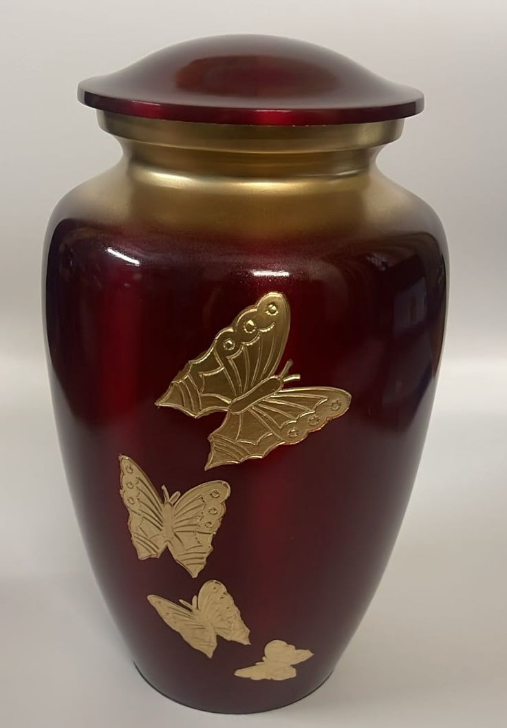 Butterfly Crimson Red Gold Metal Cremation Urn for Adult Human Ashes – 10” x 6”
