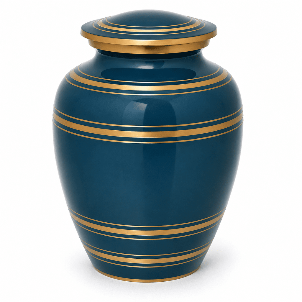 Classic Thread Midnight Blue Gold Metal Cremation Urn for Adult Ashes – 9” x 7”