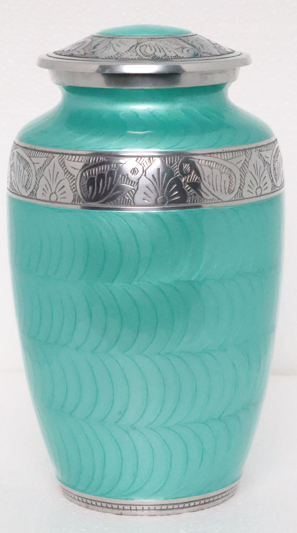 Soft Green Silver Metal Cremation Urn for Adult Ashes – Elegant Texture Design, 10” x 6”