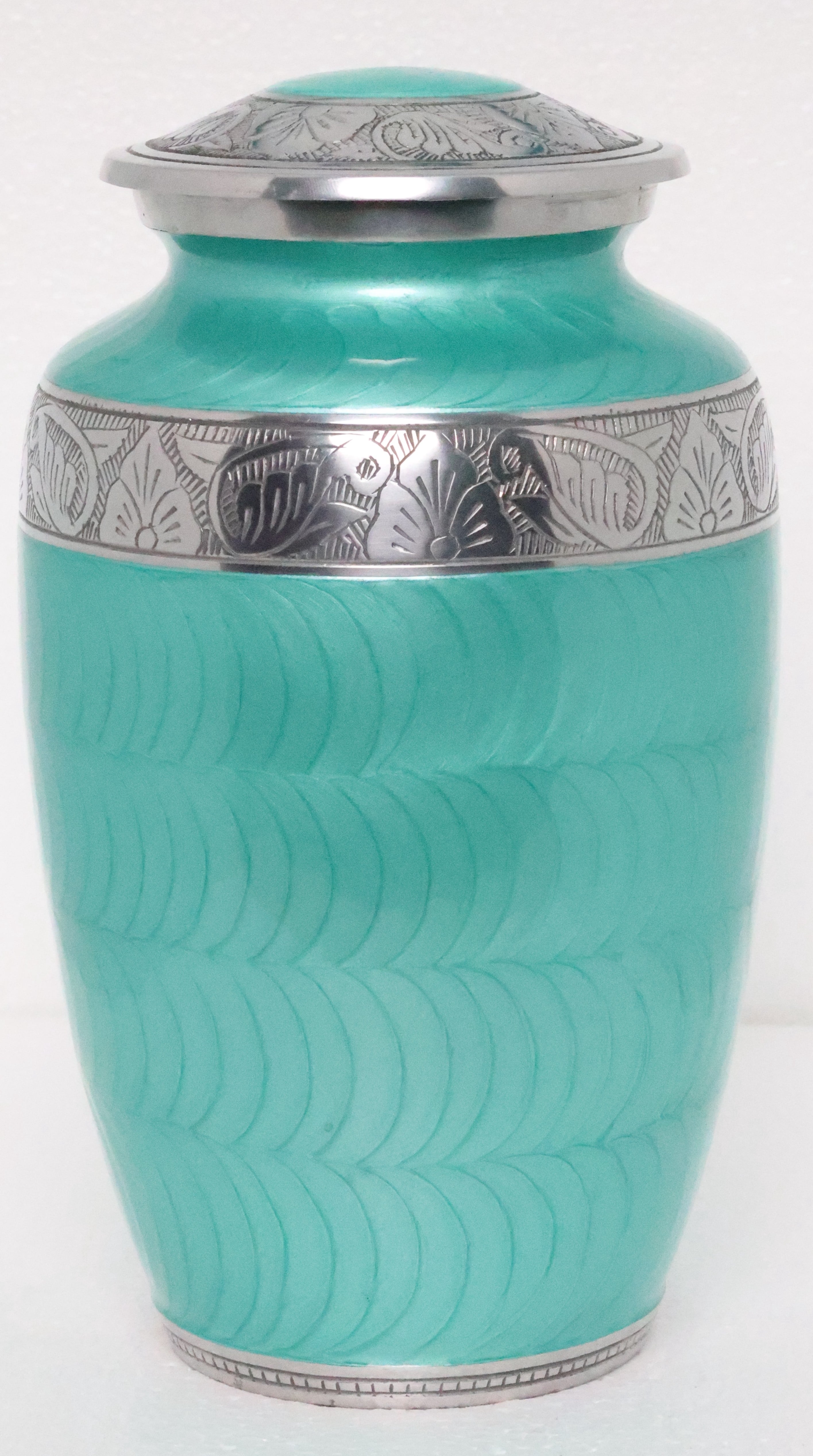 Soft Green Silver Metal Cremation Urn for Adult Ashes – Elegant Texture Design, 10” x 6”