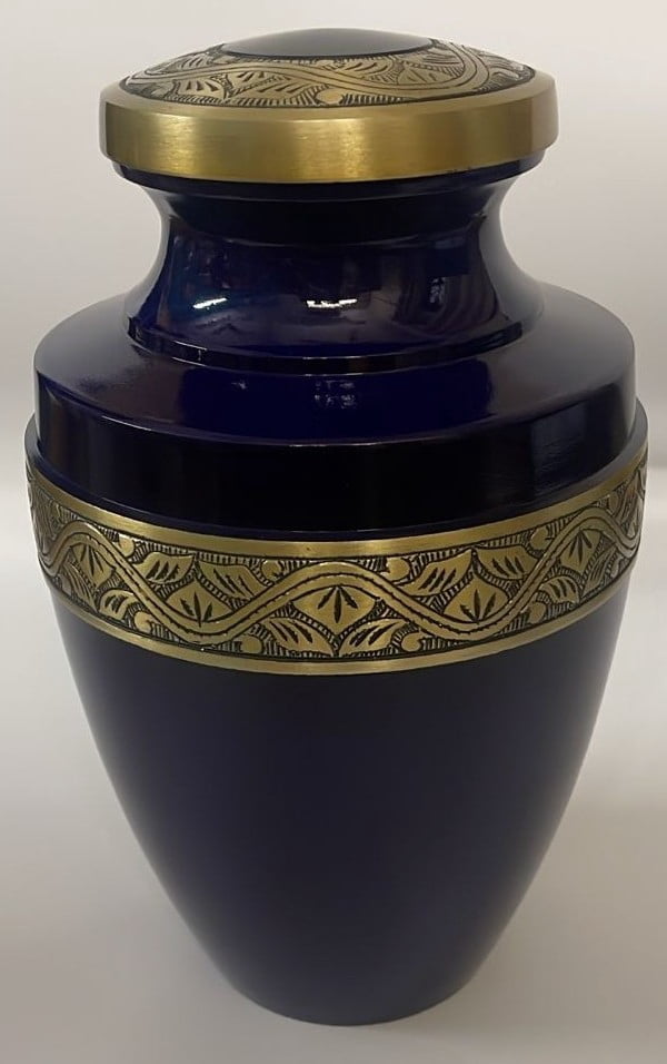 Grecian Blue Gold Metal Cremation Urn for Adult Human Ashes – 9” x 7”