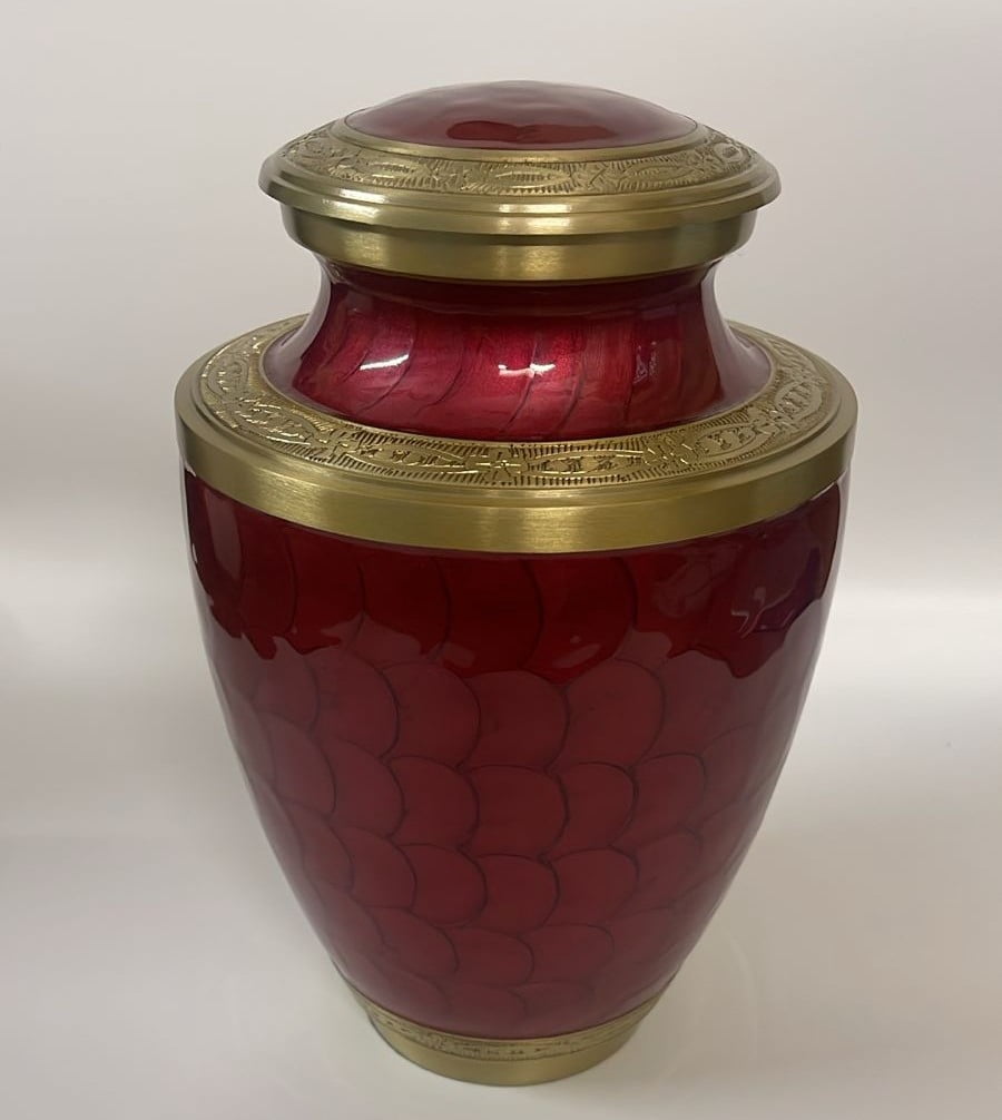 Trinity Crimson Red Gold Metal Cremation Urn for Adult Ashes – 10” x 6.5”