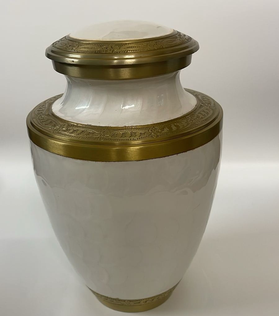 Trinity Pearl White Gold Metal Cremation Urn for Adult Human Ashes – 10” x 6.5”