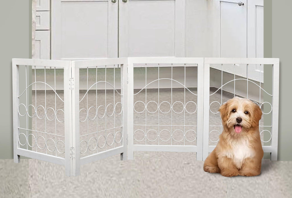 The Wooden Town Foldable Indoor Dog Gate, 4-Panel Freestanding Pet Gate with Decorative Circle Design, Portable Safety Barrier, 72" W x 18" H