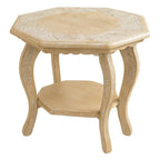 Hand-Carved Wooden Octagon Coffee Table, White Wash Foldable Farmhouse Accent Table, 24 x 24 x 18 Inch