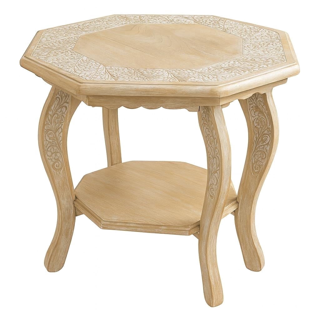 Hand-Carved Wooden Octagon Coffee Table, White Wash Foldable Farmhouse Accent Table, 24 x 24 x 18 Inch