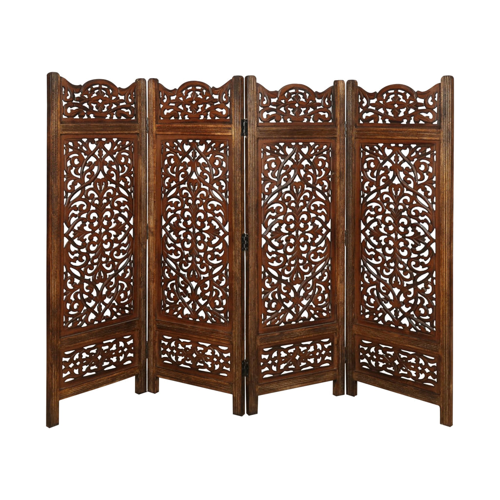 Hand-Carved Wooden 4-Panel Folding Room Divider 64” x 48” – Antique Burnt