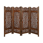 Hand-Carved Wooden 4-Panel Folding Room Divider 64” x 48” – Antique Burnt