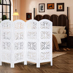 White Hand-Carved Wooden 4-Panel Folding Room Divider 64” x 48”