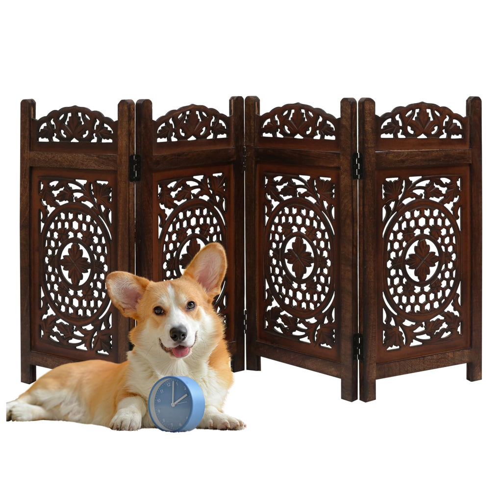 The Wooden Town Raised Wood Pet Gate, Foldable 4-Panel Freestanding Dog Gate, Hand-Carved Solid Wood & MDF, Burnt Finish, 56" W x 28" H