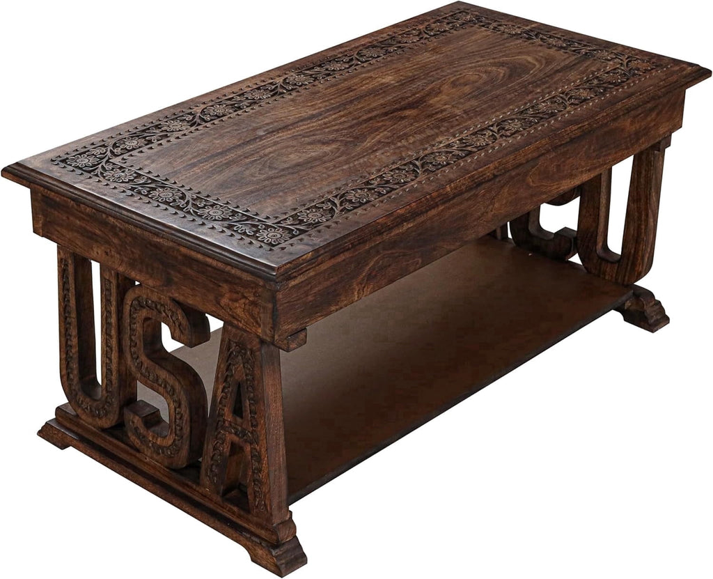 Rectangular Wooden Coffee Table, Burnt Finish Foldable Farmhouse Table, Hand-Carved USA Design, 40 x 20 x 18 Inch