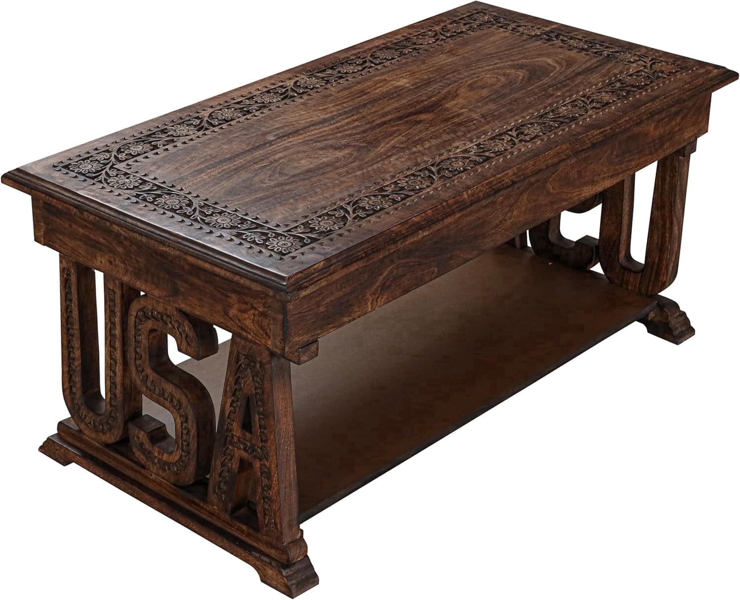 Rectangular Wooden Coffee Table, Burnt Finish Foldable Farmhouse Table, Hand-Carved USA Design, 40 x 20 x 18 Inch