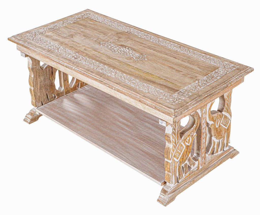 Rectangular Wooden Coffee Table, White Wash Foldable Farmhouse Table, Hand-Carved Elephant Design, 40 x 20 x 18 Inch