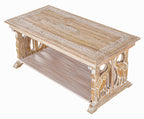 Rectangular Wooden Coffee Table, White Wash Foldable Farmhouse Table, Hand-Carved Elephant Design, 40 x 20 x 18 Inch