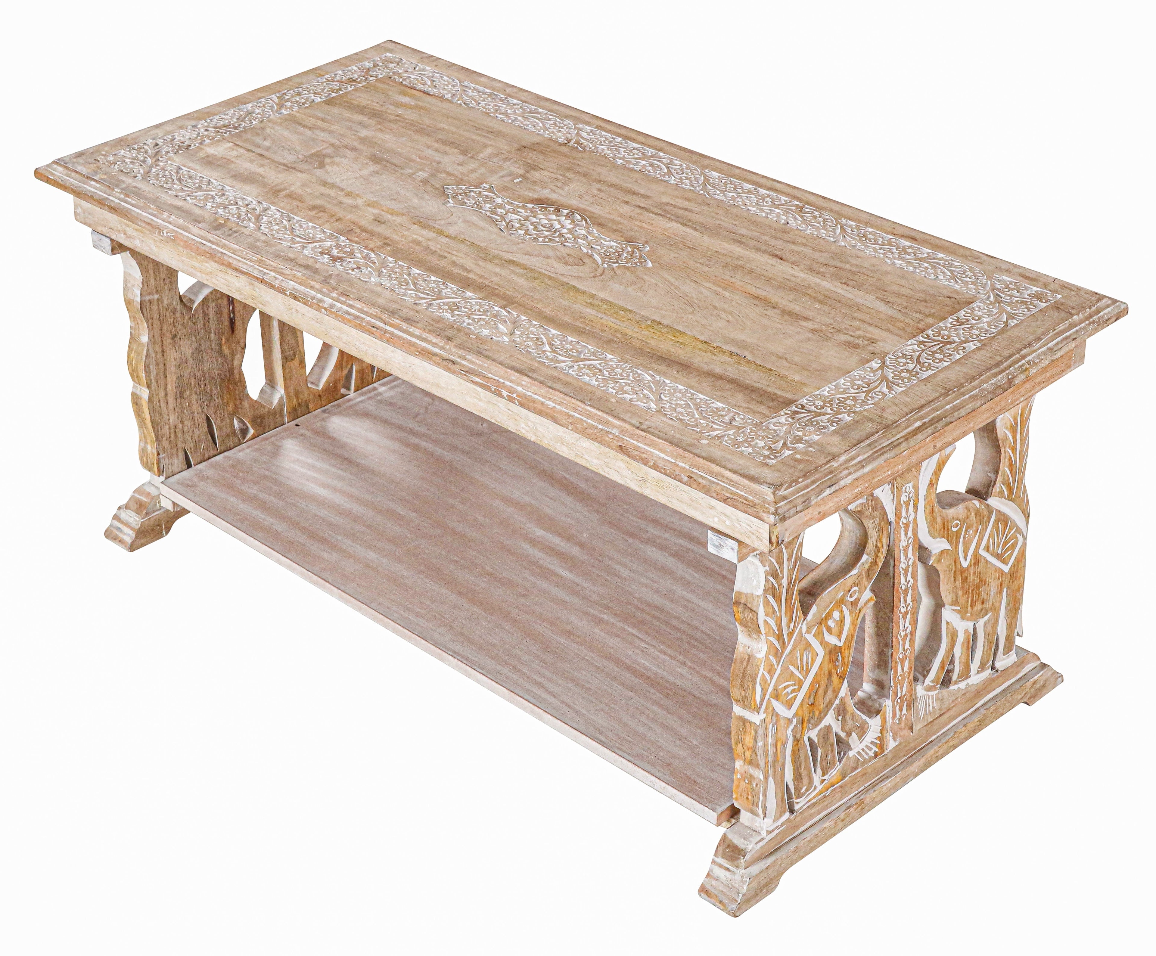 Rectangular Wooden Coffee Table, White Wash Foldable Farmhouse Table, Hand-Carved Elephant Design, 40 x 20 x 18 Inch