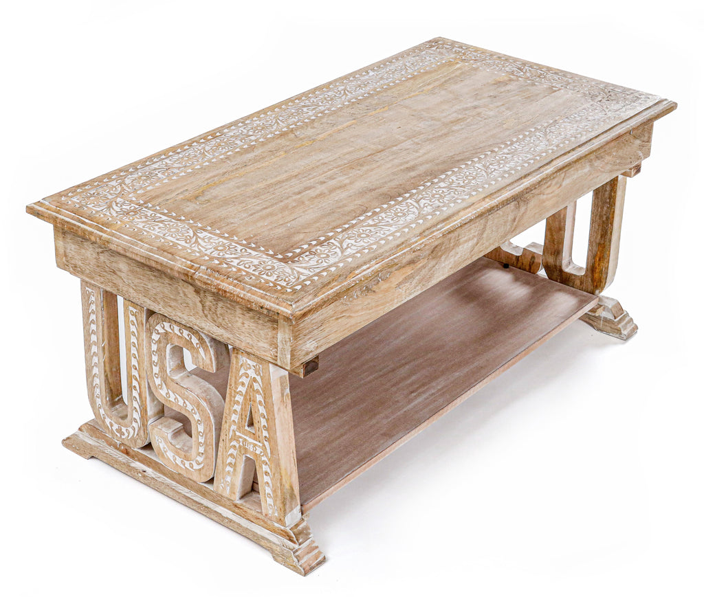 Rectangular Wooden Coffee Table, White Wash Foldable Farmhouse Table, Hand-Carved USA Design, 40 x 20 x 18 Inch