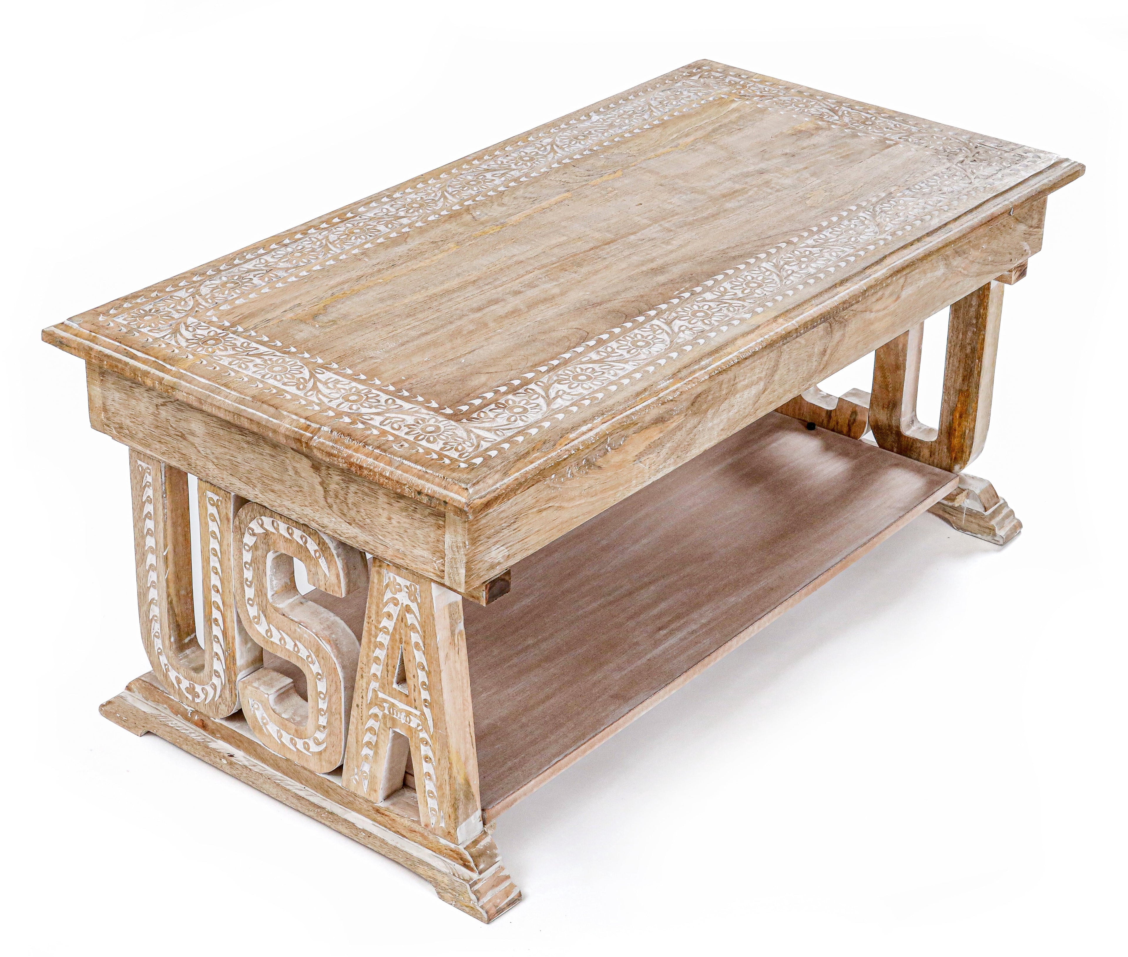Rectangular Wooden Coffee Table, White Wash Foldable Farmhouse Table, Hand-Carved USA Design, 40 x 20 x 18 Inch