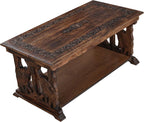 Rectangular Wooden Coffee Table, Hand-Carved Elephant Design, Burnt Finish, 40 x 20 x 18 Inch
