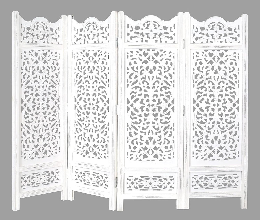Antique White Wood 4-Panel Folding Room Divider 64” x 48” – Hand-Carved Privacy Screen