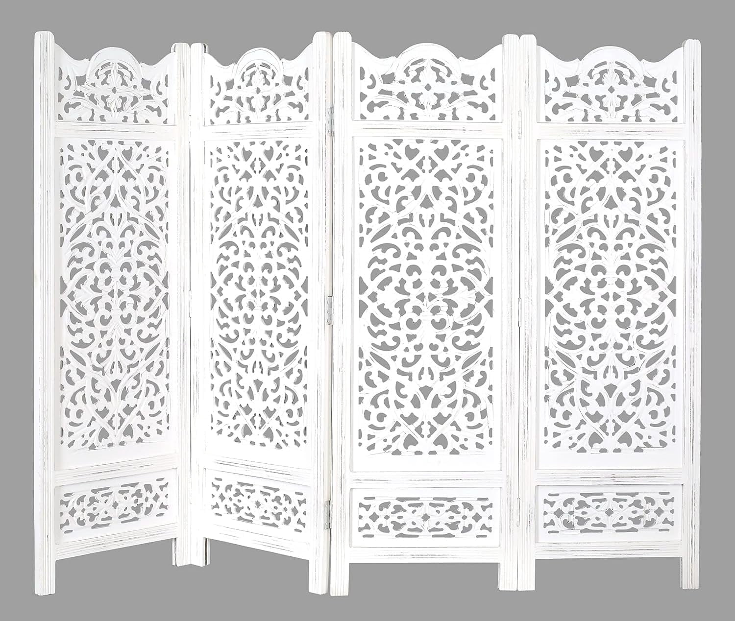 Antique White Wood 4-Panel Folding Room Divider 64” x 48” – Hand-Carved Privacy Screen
