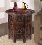 The Wooden Town Round Wood Coffee Table, Hand-Carved Accent Side Table with Burnt Finish, Solid Wood Altar & End Table for Living Room, 18 x 18 Inch