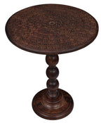 The Wooden Town Modern Hand-Carved Round End Table, Solid Wood Accent Side Table for Living Room & Bedroom, Scorch Burnt Finish