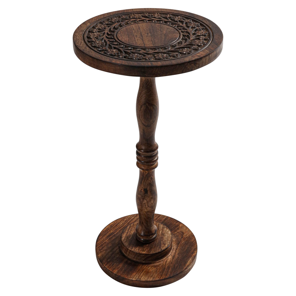 The Wooden Town Round Side Table, Hand-Carved Drink Table, Scorch Burnt Finish, 12 x 22 Inch