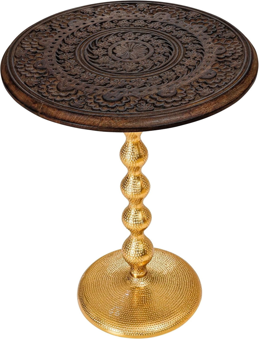 The Wooden Town Hand-Carved Boho Folding Side Table, Burnt Brown Top with Gold Aluminum Base, 18 x 22 Inch