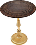 The Wooden Town Hand-Carved Boho Folding Side Table, Burnt Brown Top with Gold Aluminum Spiral Base, 18 x 22 Inch