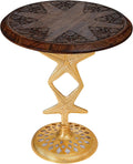 The Wooden Town Hand-Carved Boho Folding Side Table, Burnt Brown Top with Gold Aluminum Star Base, 18 x 22 Inch