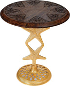 The Wooden Town Hand-Carved Boho Folding Side Table, Burnt Brown Top with Gold Aluminum Star Base, 18 x 22 Inch
