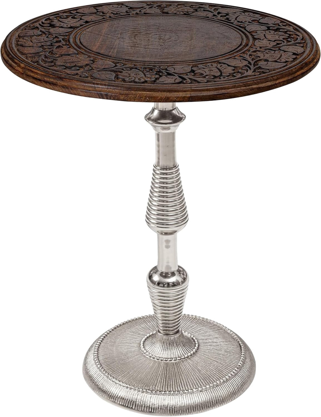 The Wooden Town Hand-Carved Boho Folding Side Table, Burnt Brown Top with Silver Aluminum Spiral Base, 18 x 22 Inch